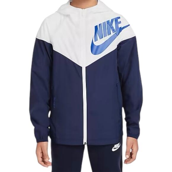 Nike Big Kids Boys Windrunner Jacket Navy White Blue Logo Hooded Full Zip Sz M - Picture 1 of 16
